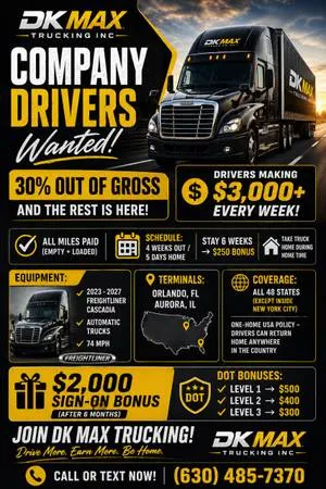 Компания DK Max Trucking Inc. набирает водителей с правами категории CDL для работы на междугородних маршрутах.