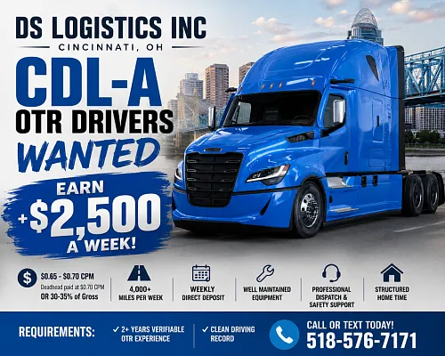 CDL-A OTR Driver / CDL-A OTR Водитель  | DS LOGISTICS INC  Earn / Доход $2,500+ Per Week 